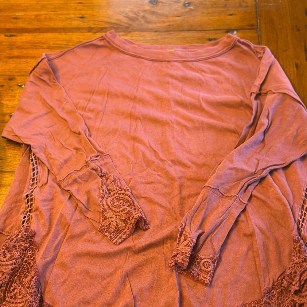 Free People Rust Lace Sleeve Blouse